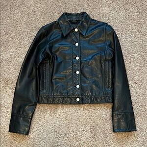 Vtg Banana Republic Black Genuine Leather Button Moto Classic Jacket Womens XS